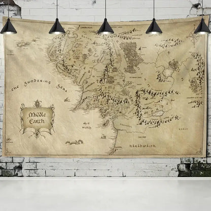 Beige vintage-style middle earth tapestry with intricate black geography and ornate lettering for antique pirate treasure decor