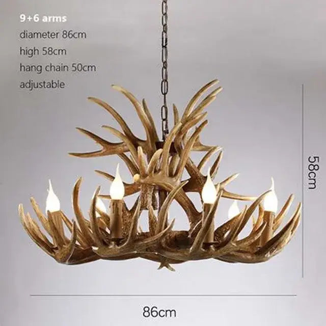 DecorBites antique resin antler chandelier with rustic golden brown finish and multiple candle style bulbs