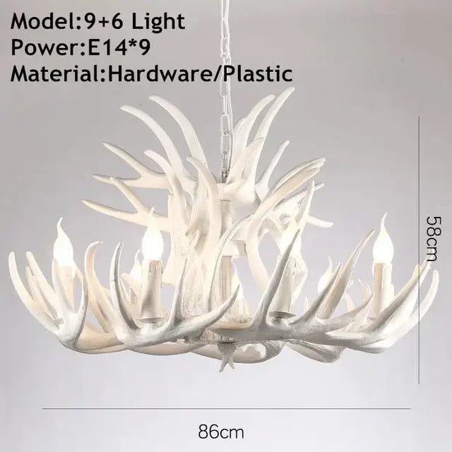 White antique resin antler chandelier by decorbites with nine candle-style lights crafted from resin and hardware materials