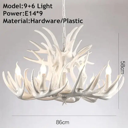 White antique resin antler chandelier by decorbites with nine candle-style lights crafted from resin and hardware materials