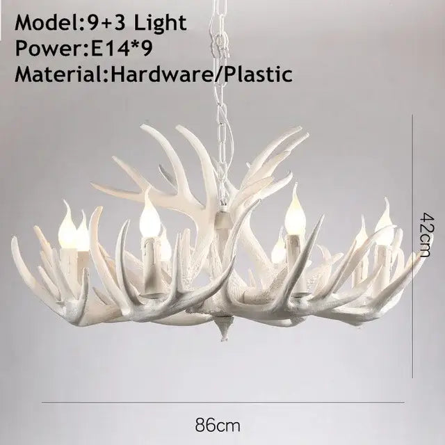 White antique resin antler chandelier by decorbites with nine illuminated bulbs and three additional lights crafted from resin and plastic
