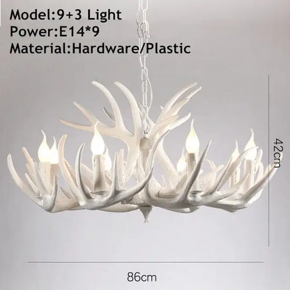 White antique resin antler chandelier by decorbites with nine illuminated bulbs and three additional lights crafted from resin and plastic