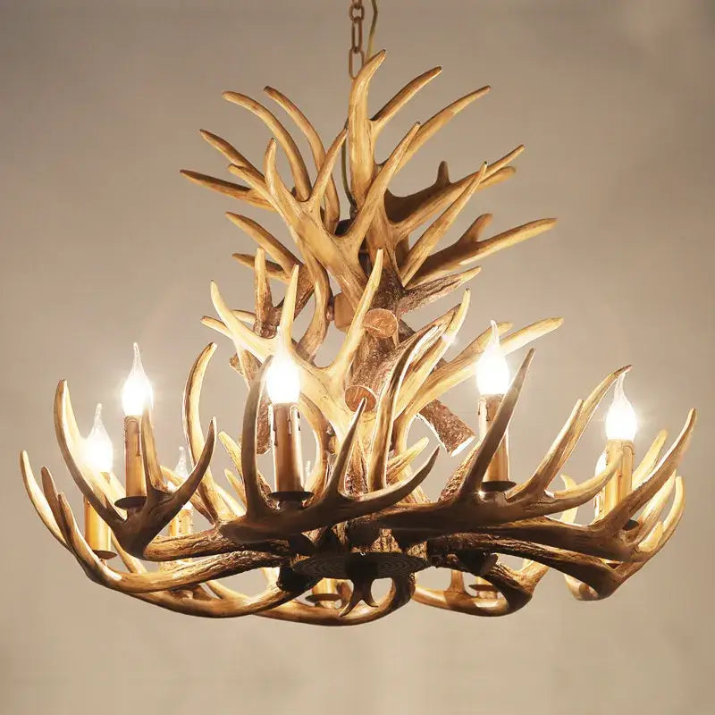 DecorBites antique resin antler chandelier with rustic golden-brown finish and candle-style bulbs for vintage lighting