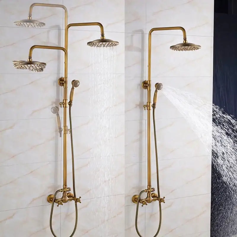 Brass-finished DecorBites™ antique shower mixer tap set with 8 inch rainfall head and dual handles for elegant shower mixer
