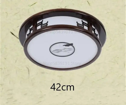 DecorBites antique style solid wood ceiling light with dark brown frame and white panel featuring pagoda and mountain design
