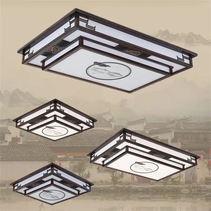 Rectangular solid wood decorbites antique style ceiling light with dark brown frame and white panels for living room