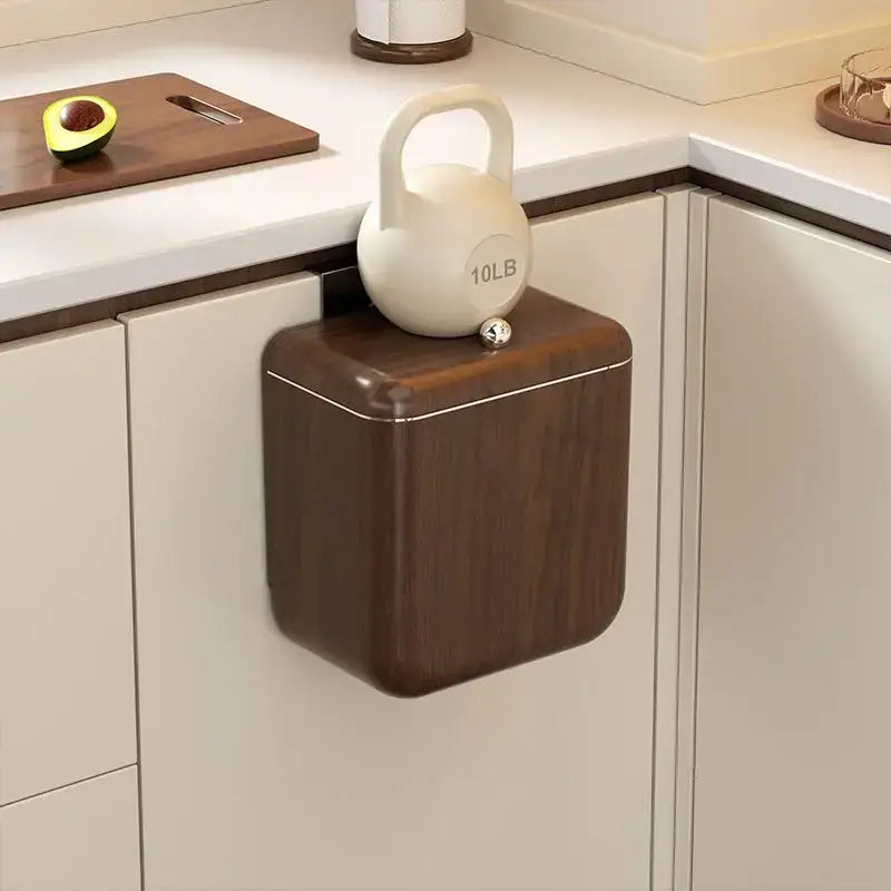 Decorbites antique style dark wood finish hanging kitchen trash can with lid and metallic trim large capacity