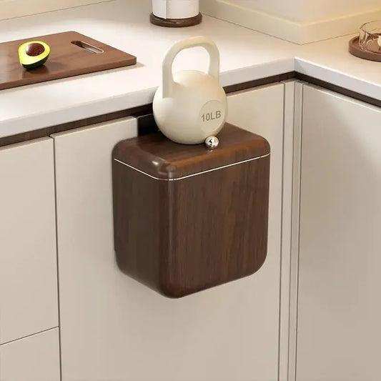 Decorbites antique style dark wood finish hanging kitchen trash can with lid and metallic trim large capacity