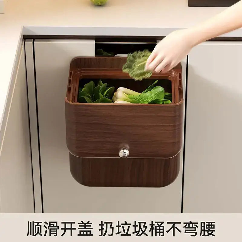 DecorBites antique style brown wooden-textured pull-out kitchen trash can with silver knob and large capacity lid
