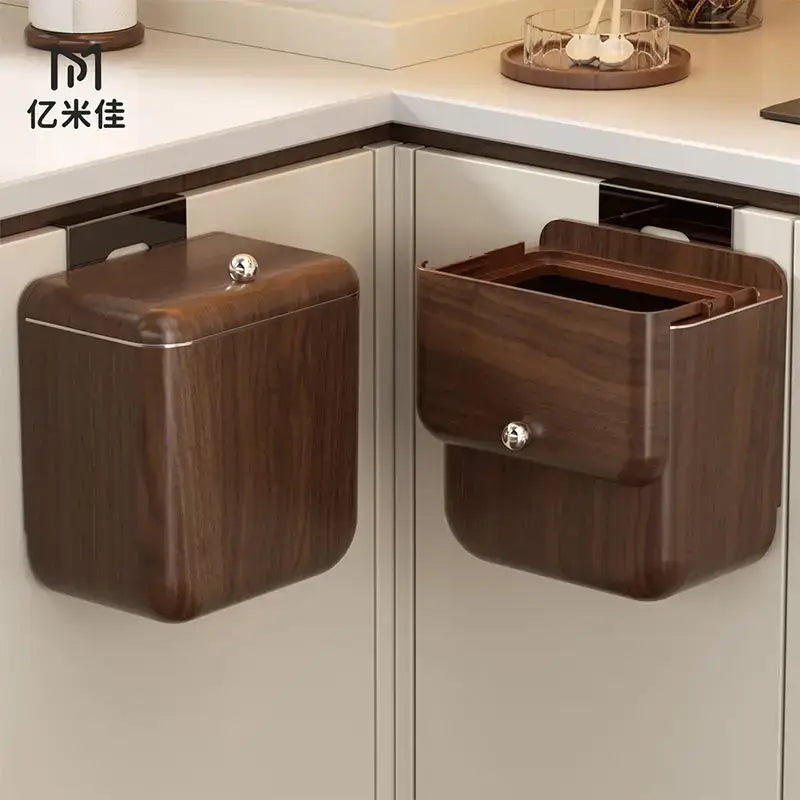 Dark wood-finish decorbites antique style magnetic cabinet trash bins with silver knobs and large capacity style wood grain