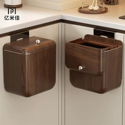 Dark wood-finish decorbites antique style magnetic cabinet trash bins with silver knobs and large capacity style wood grain