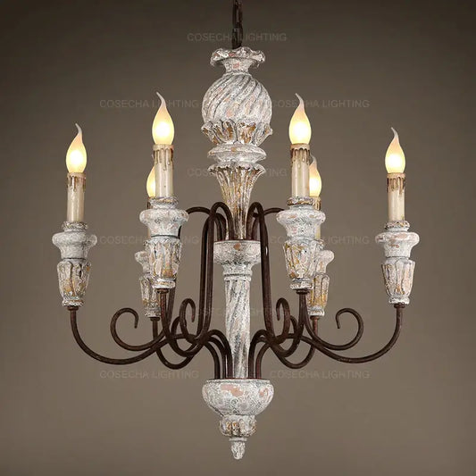 Decorbites antique white wooden chandelier with distressed white and gold finish ornate glass holders and wrought iron arms
