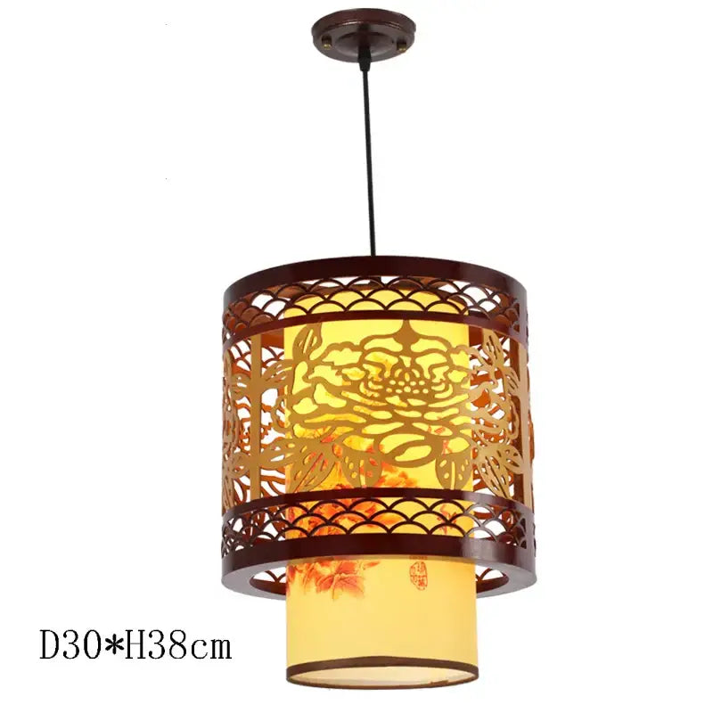 Decorbites antique wood pendant lights featuring warm-toned dark brown metal frame with floral cutouts and yellow fabric shade