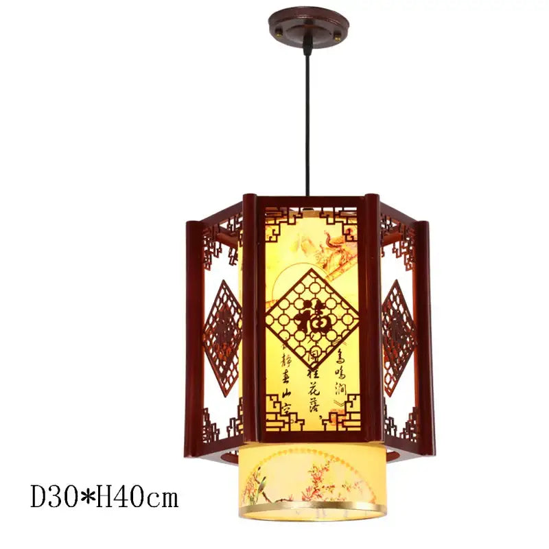 Warm-toned hexagonal decorbites antique wood pendant lights with dark wood framing and glowing yellow calligraphy panel
