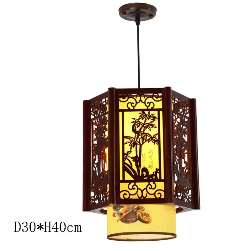 Dark brown wooden hexagonal decorbites antique wood pendant light with carved bamboo design and warm yellow led illumination