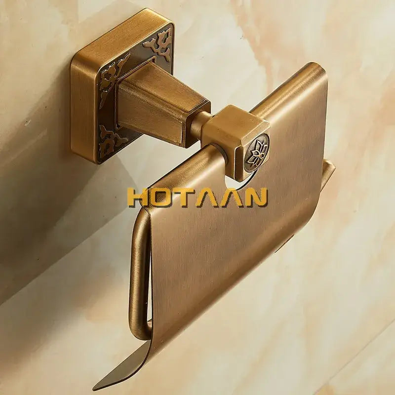 DecorBites™ antiqued brass toilet paper holder with ornate floral wall mount and sleek modern paper holder design
