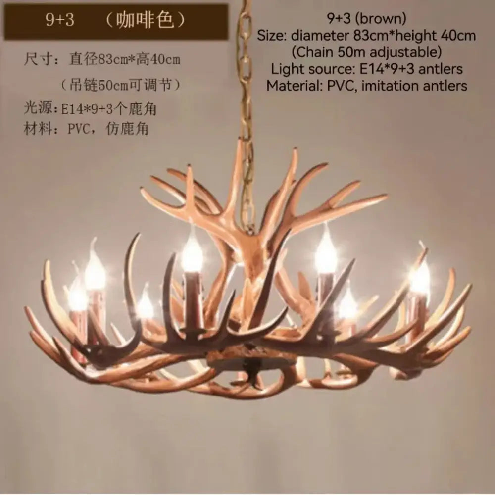 Brown pvc decorbites antler branch ceiling chandelier with imitation antlers and nine e14 light bulbs