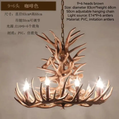 A rustic brown pvc decorbites antler branch ceiling chandelier with 14 imitation antlers in a naturalistic design