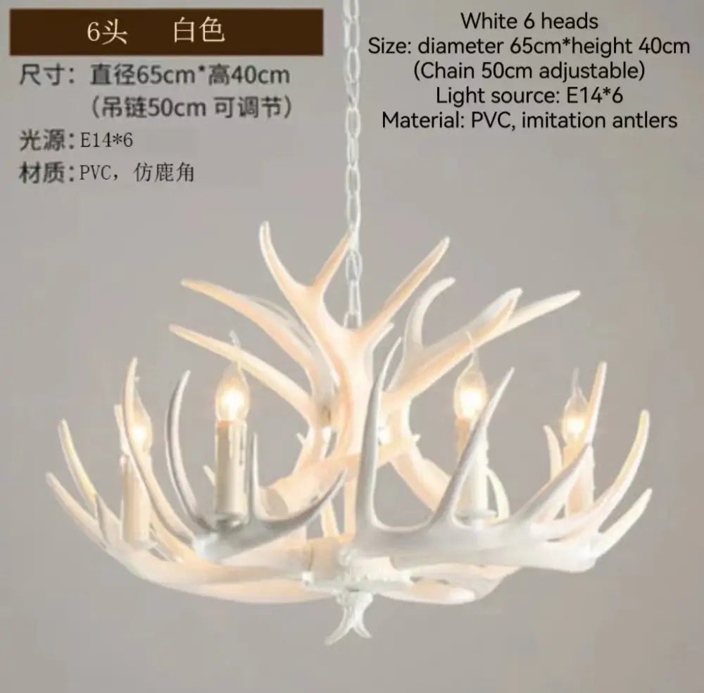 White pvc DecorBites antler branch ceiling chandelier with six imitation antler heads and adjustable chain for indoor use