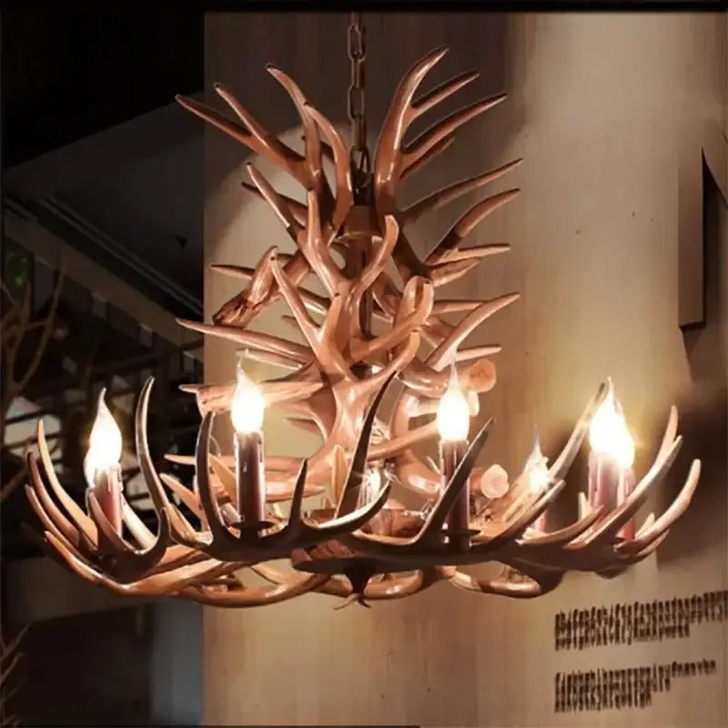Decorbites antler branch ceiling chandelier with rustic warm-toned finish and multiple candle-style bulbs