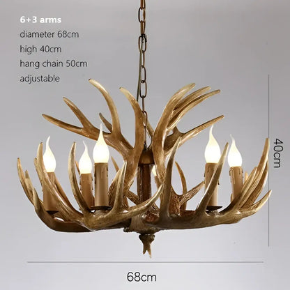 Decorbites antler chandelier with six candle-style bulbs in rustic bronze resin for indoor rustic decor