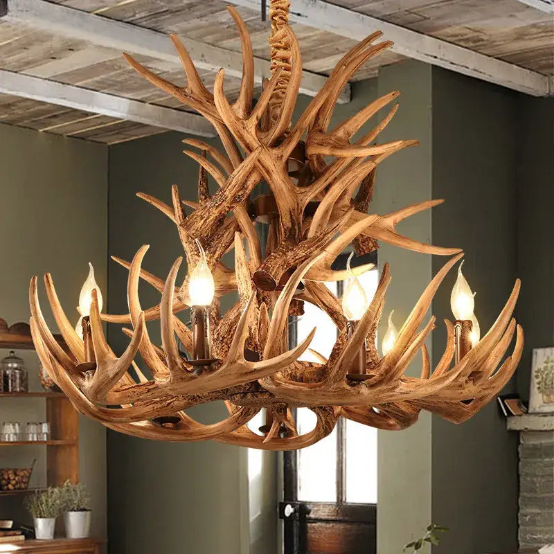 DecorBites antler chandelier with rustic natural wood finish and candle-style bulbs for indoor rustic decor