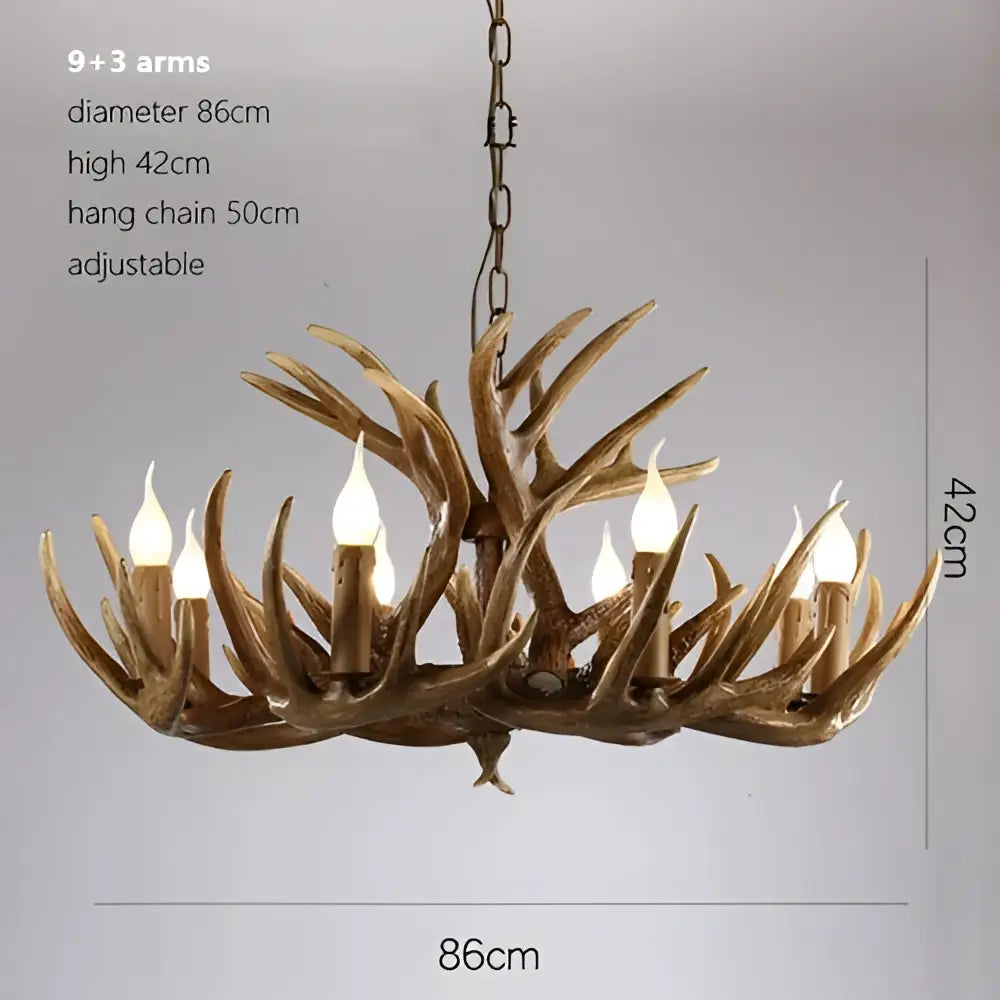 Decorbites antler chandelier with nine candle-style lights crafted from natural brown faux antlers for rustic indoor decor
