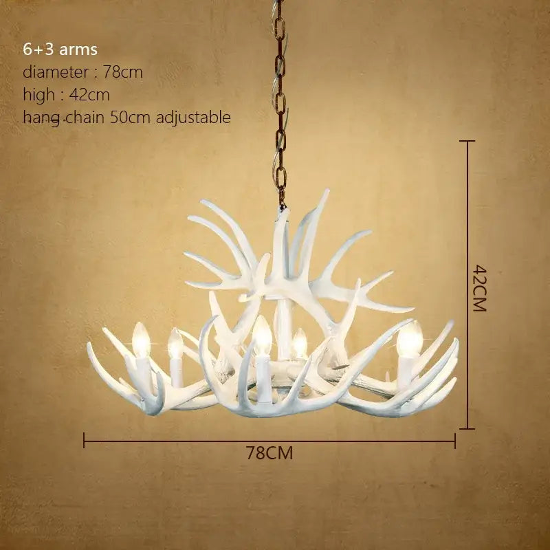 Decorbites antler chandelier with white resin horns featuring six main arms and three decorative ones for rustic indoor decor