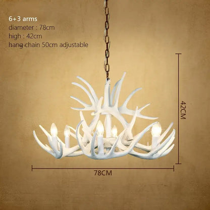 Decorbites antler chandelier with white resin horns featuring six main arms and three decorative ones for rustic indoor decor