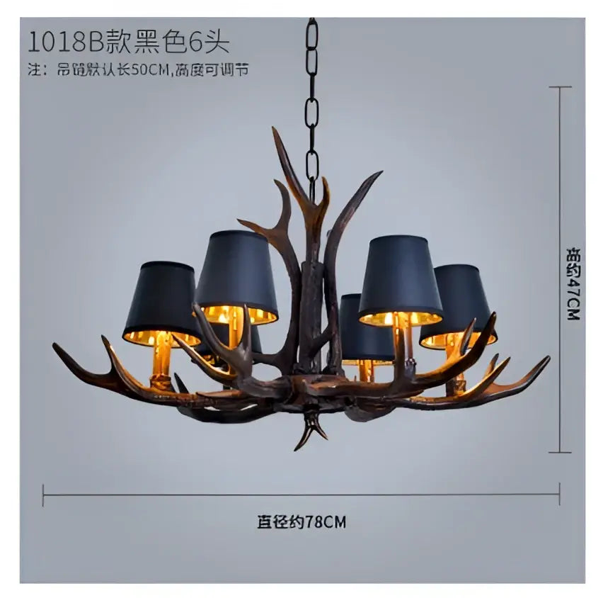 Black decorbites antler chandelier with six matte black lampshades and chain suspension for rustic bedroom lighting