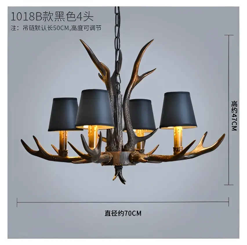 Decorbites antler chandelier with black lampshades and dark metallic finish for rustic bedroom dining room lighting