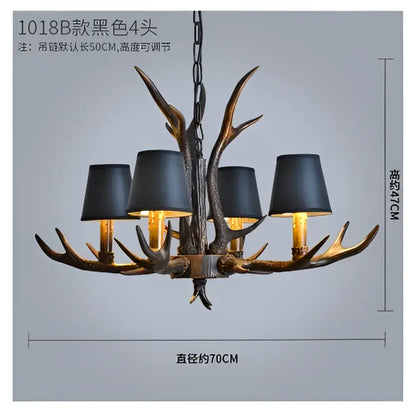 Decorbites antler chandelier with black lampshades and dark metallic finish for rustic bedroom dining room lighting