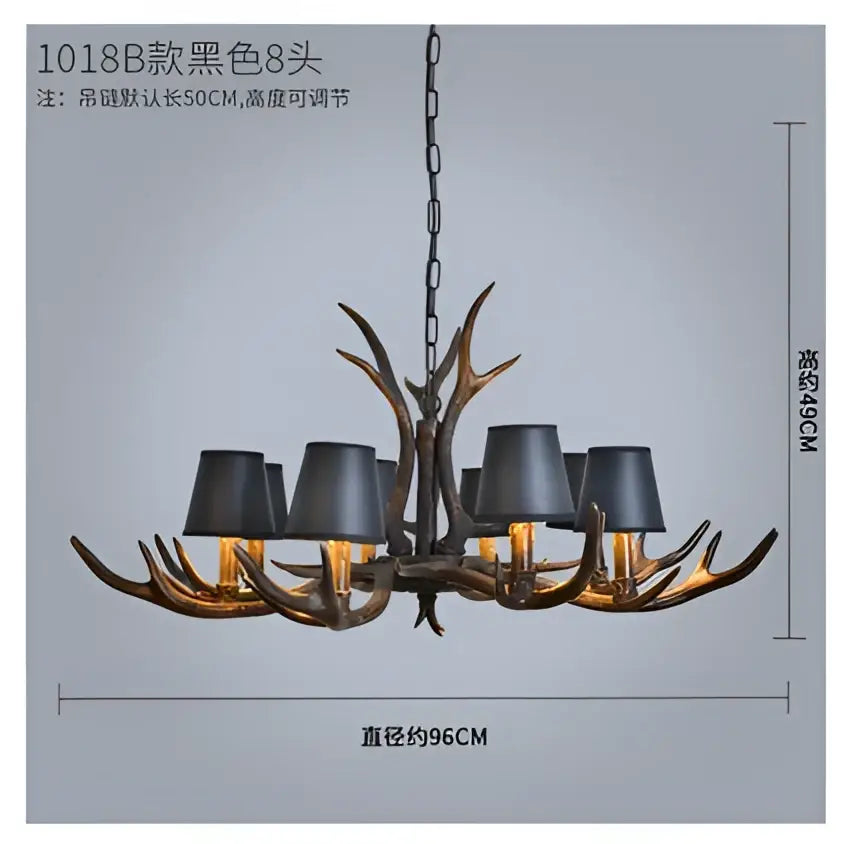 Black DecorBites antler chandelier with matte black lampshades and rustic metallic finish for country rustic lighting