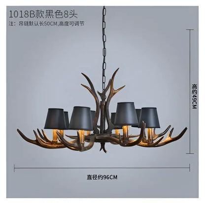 Black DecorBites antler chandelier with matte black lampshades and rustic metallic finish for country rustic lighting