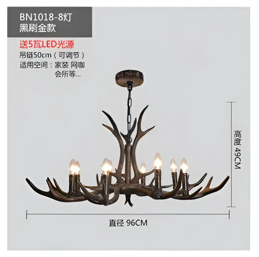 Decorbites antler chandelier with dark bronze finish and eight lit led lights for rustic bedroom and dining room lighting