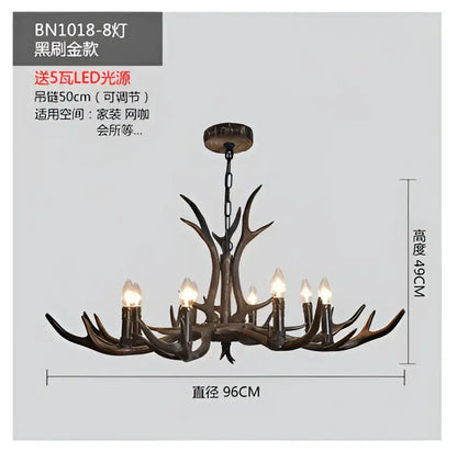 Decorbites antler chandelier with dark bronze finish and eight lit led lights for rustic bedroom and dining room lighting