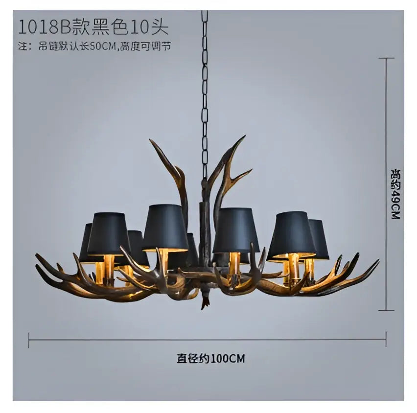Decorbites antler chandelier with ten black lampshades and dark bronze finish for rustic bedroom and dining lighting