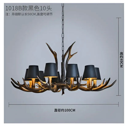 Decorbites antler chandelier with ten black lampshades and dark bronze finish for rustic bedroom and dining lighting