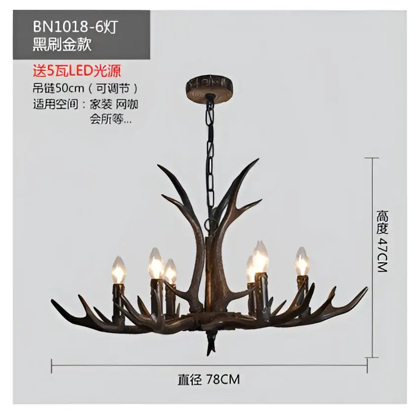 Decorbites antler chandelier with dark bronze finish and six lit led bulbs for rustic bedroom dining lighting