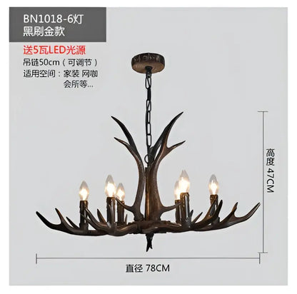 Decorbites antler chandelier with dark bronze finish and six lit led bulbs for rustic bedroom dining lighting