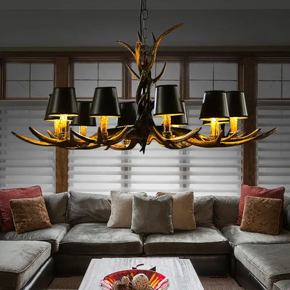 Decorbites antler chandelier with black lampshades and golden-brown resin antlers for modern rustic living room lighting