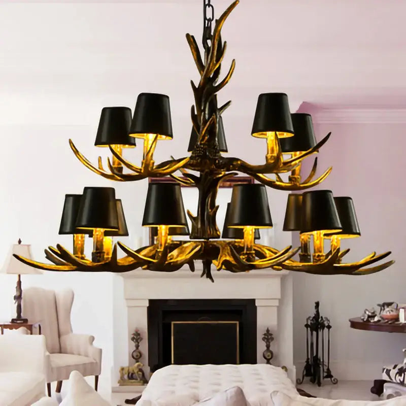Decorbites antler chandelier with black lampshades and gold resin frame modern rustic pendant lamp for living room