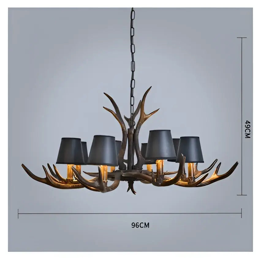 DecorBites antler chandelier with six black lampshades and dark bronze resin finish for modern rustic lighting