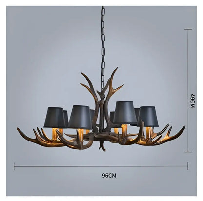 DecorBites antler chandelier with six black lampshades and dark bronze resin finish for modern rustic lighting