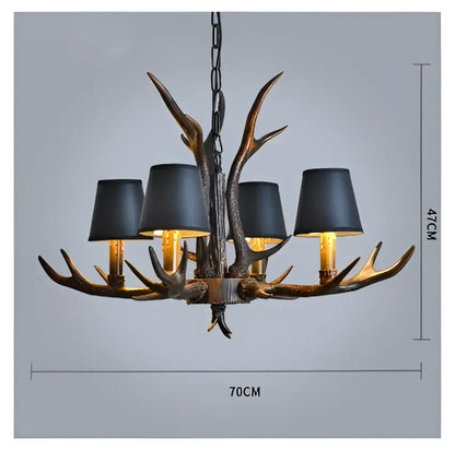 DecorBites antler chandelier with five black lampshades and dark bronze resin finish for modern rustic lighting