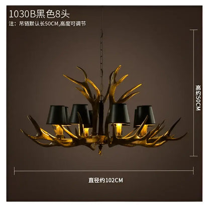 Decorbites antler chandelier with eight black lampshades in golden metallic resin finish for vintage art deco décor