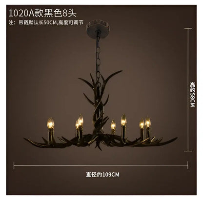 Black DecorBites antler chandelier with eight lit bulbs, rustic resin design, adjustable height for restaurant or cafe decor