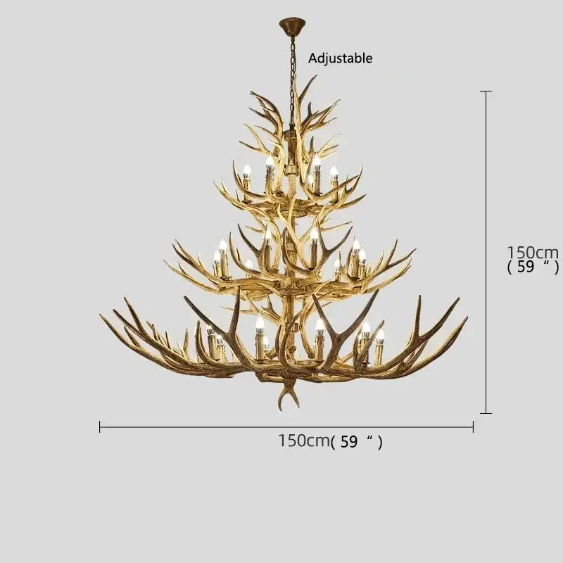 Golden antler deer chandelier with multiple tiers and candle-style bulbs by DecorBites antler deer resin lamp