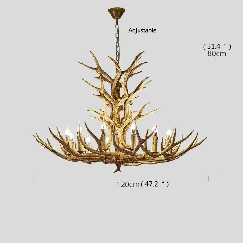 Decorbites antler deer chandelier with golden finish and candle-style bulbs rustic resin hanging lamp for living room