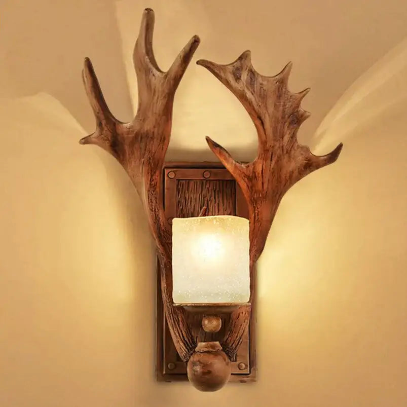Decorbites vintage wall lamp with antler design, rustic brown finish, frosted glass shade for living room sconce